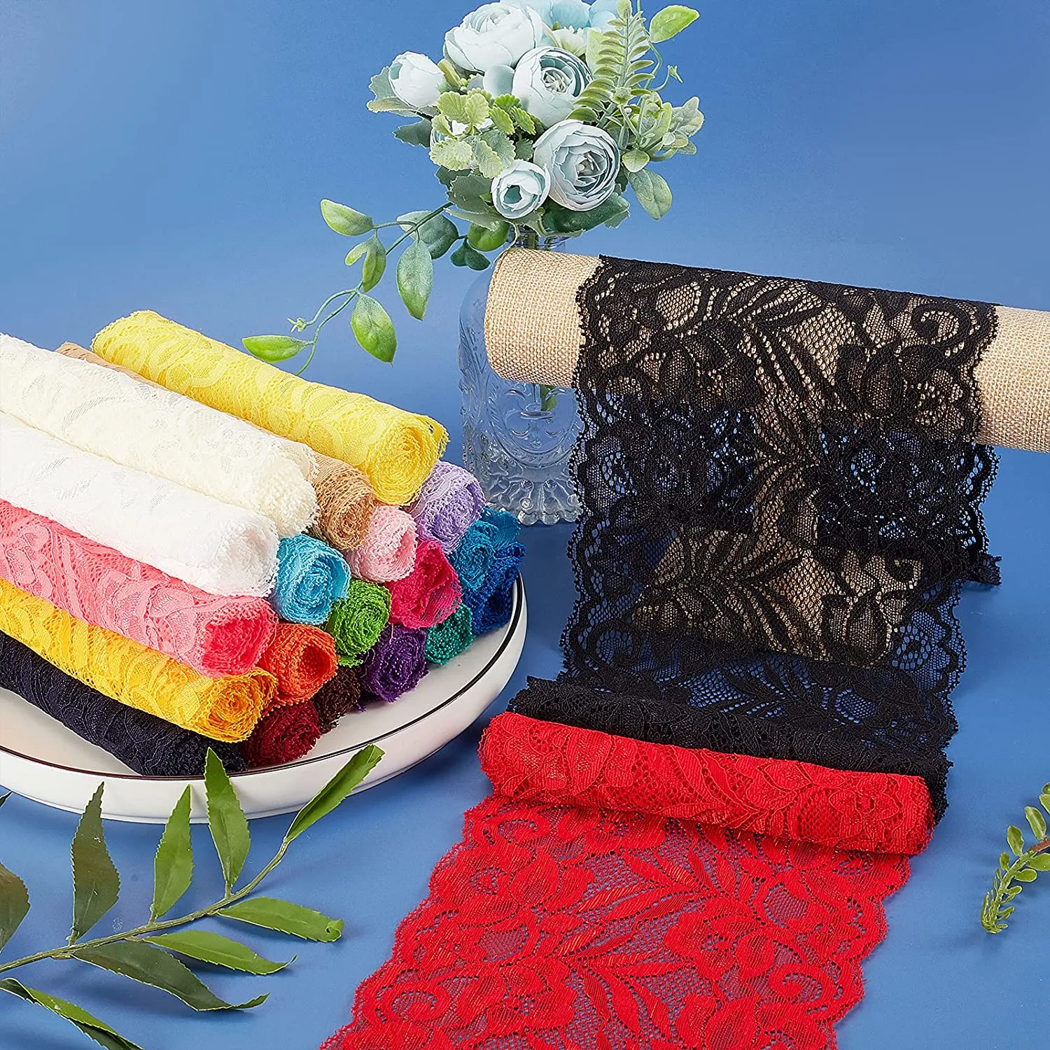 22 Yards 5.9 Wide Fabric Lace Ribbon Elastic Lace Trim for Headbands Garters Wedding Bouquet Making - 22 Colors, 1 Yard Per Color
