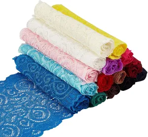 35 Yards 6.8 Wide Fabric Lace Ribbon Elastic Lace Trim for Headbands Garters Wedding Bouquet Making - 15 Colors, 1 Yard Per Color