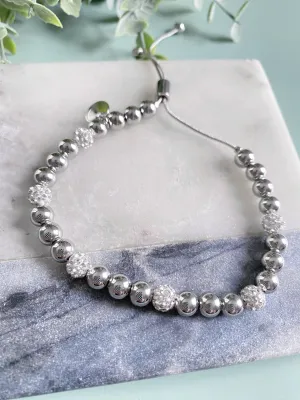 5MM Silver Two Tone Solid & Rhinestone Bead Adjustable Bracelet