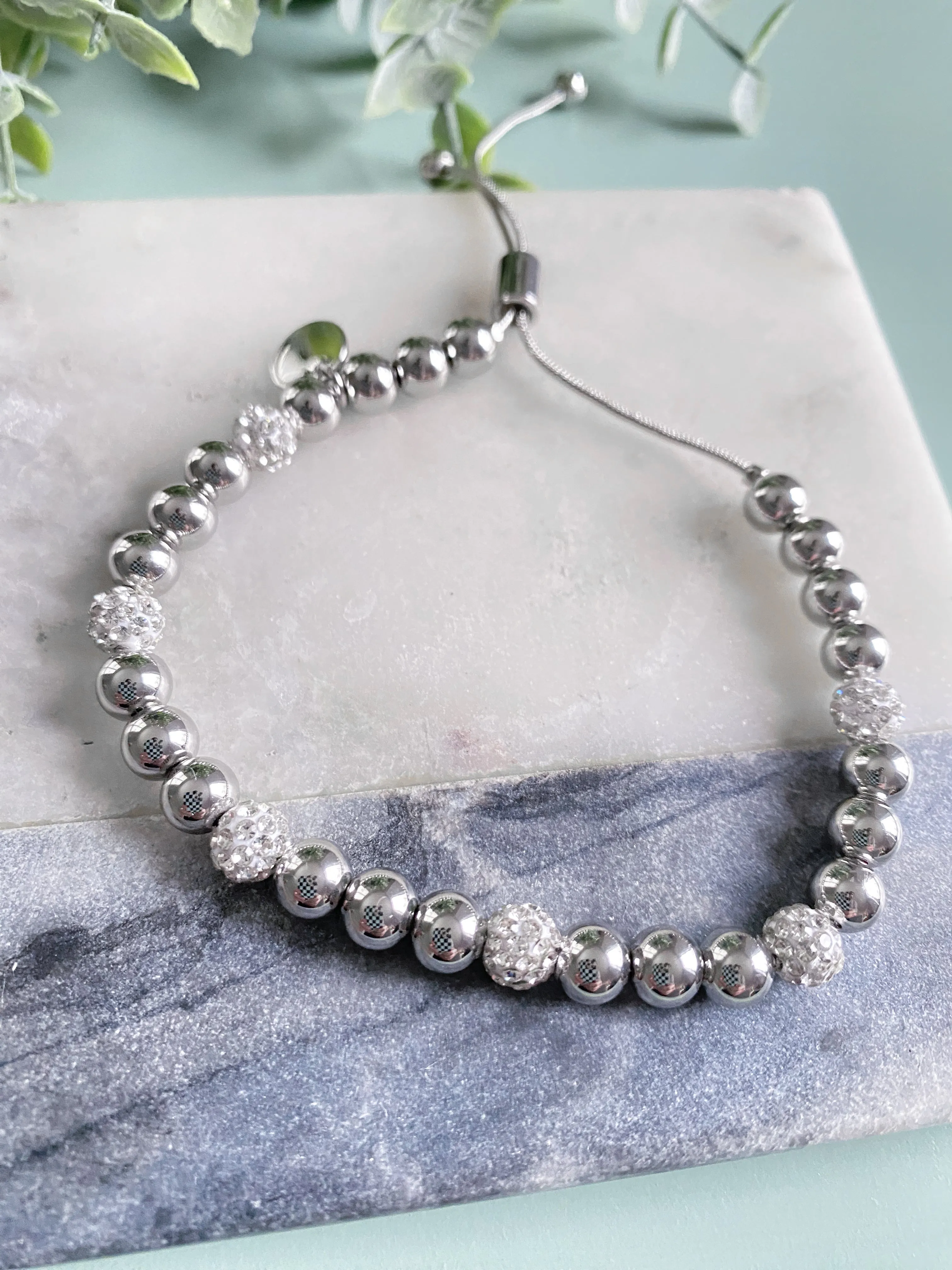 5MM Silver Two Tone Solid & Rhinestone Bead Adjustable Bracelet