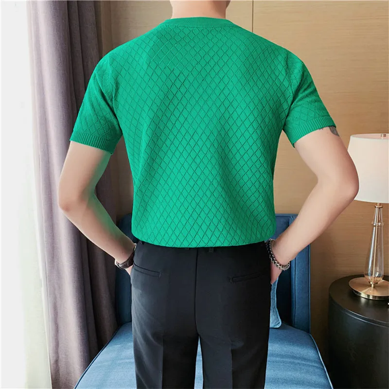 Business Round Neck Plaid Hollow Knit T-Shirt