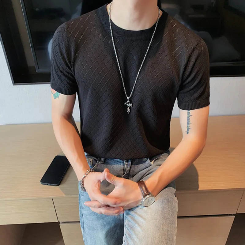 Business Round Neck Plaid Hollow Knit T-Shirt