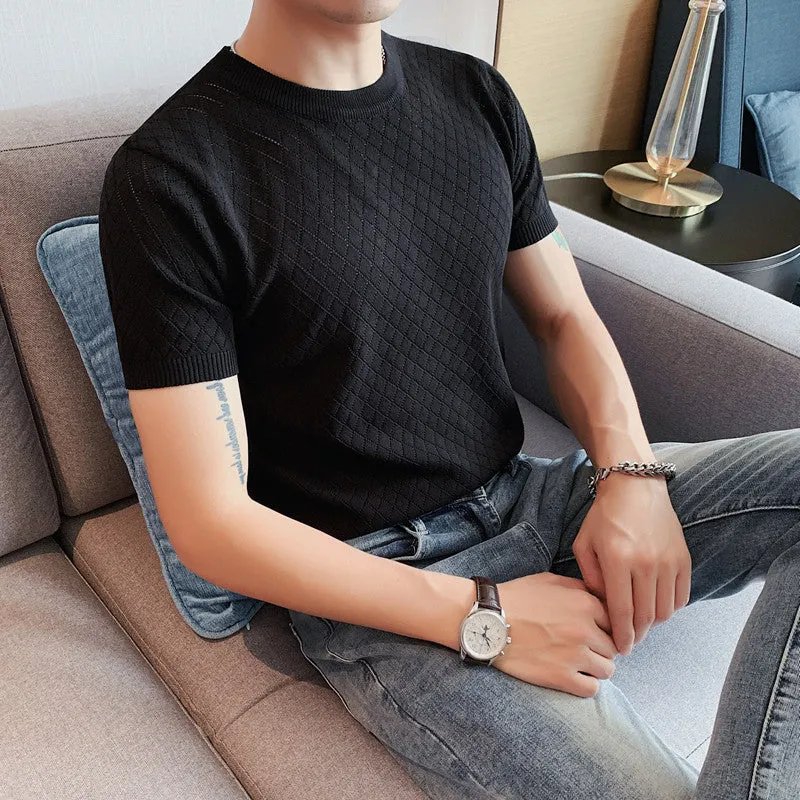 Business Round Neck Plaid Hollow Knit T-Shirt