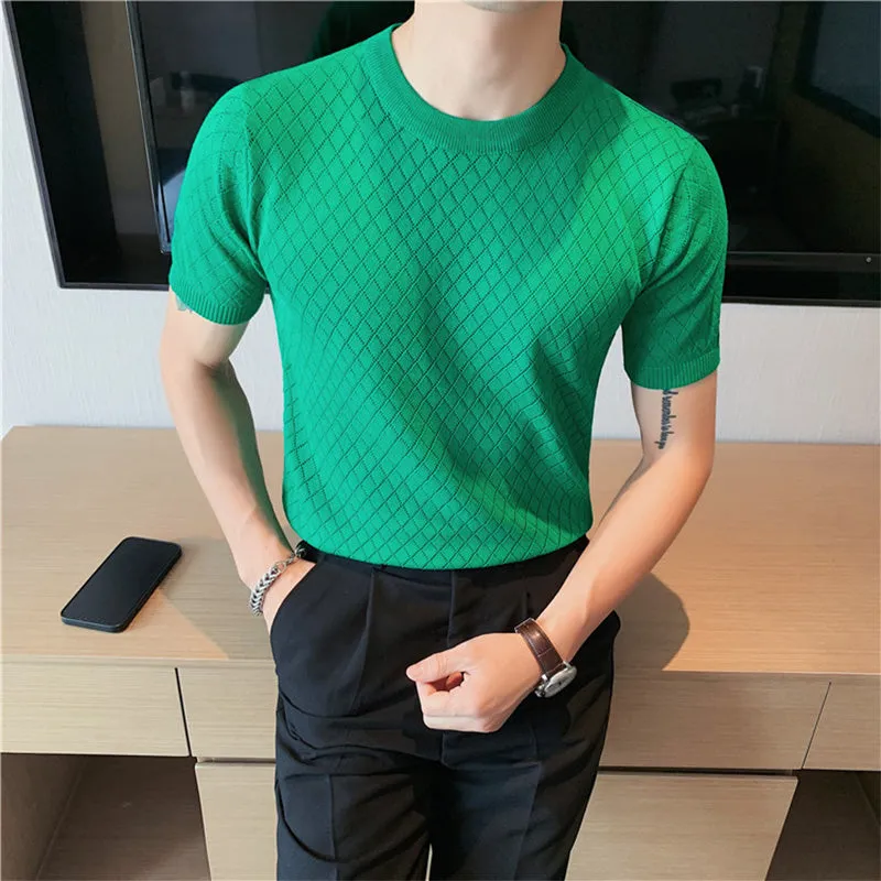 Business Round Neck Plaid Hollow Knit T-Shirt