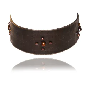 Copper Freshwater Pearl & Olive/Brown Velvet 'Charro' Choker
