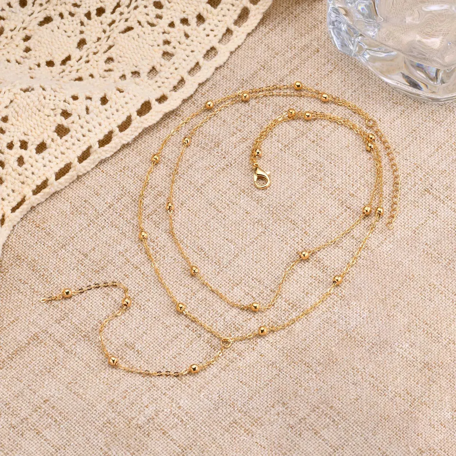 Gold Plated Lariat Necklace for Women, Double Layered Chic