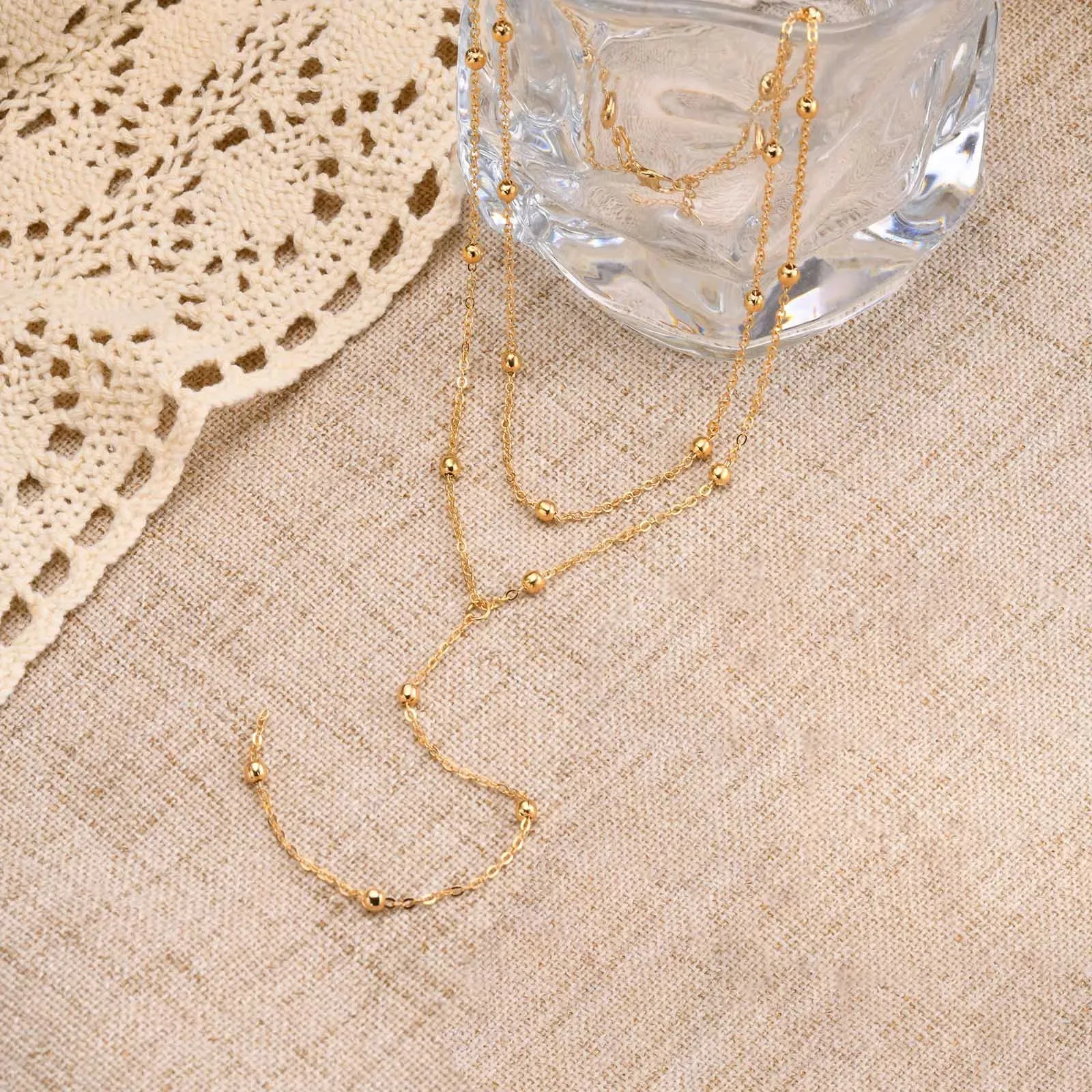 Gold Plated Lariat Necklace for Women, Double Layered Chic