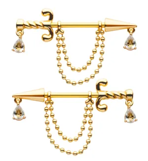Gold PVD Dagger Dangle Chain Teardrop CZ Stainless Steel Nipple Barbell