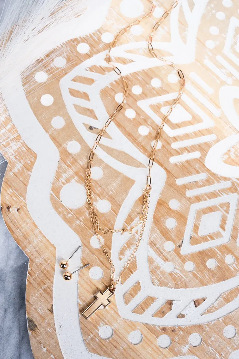 Goldtone Double Chain Matte Cross Necklace and Earring Set