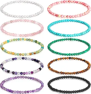 Henoyso 10 Pieces 4mm Mini Gemstone Energy Bracelets Natural Gemstone Handmade Crystal Beaded Power Stretch Bracelet Unisex Couple Bracelets, Turquoise