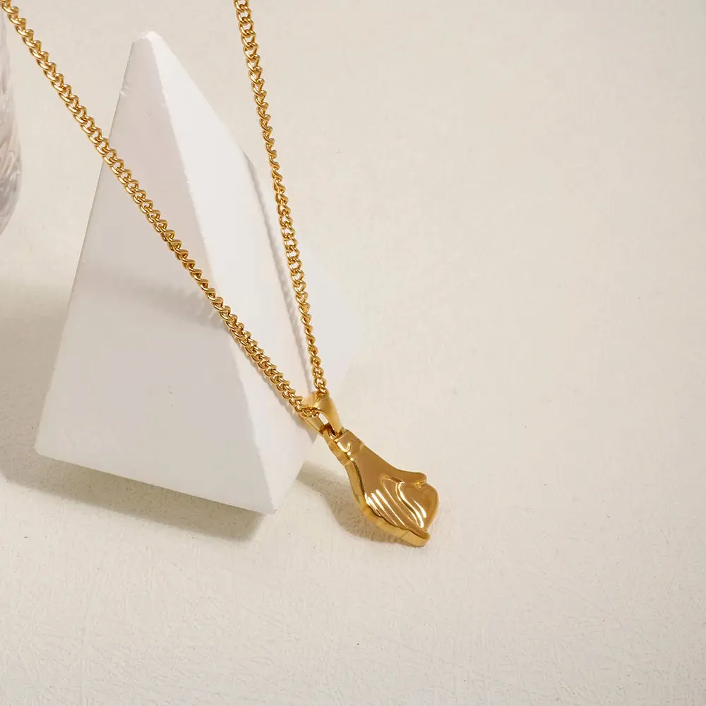 JINHUI Elegant Stainless Steel Chokers Neckalce for Women Cute Lady Hand Love Heart Palm Pendant Necklace Metal Texture Jewelry
