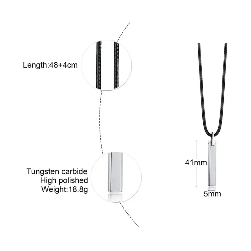 Men Bar Choker Tungsten Carbide Pillar Pendant  with Black Rubber Cord Chain Necklaces
