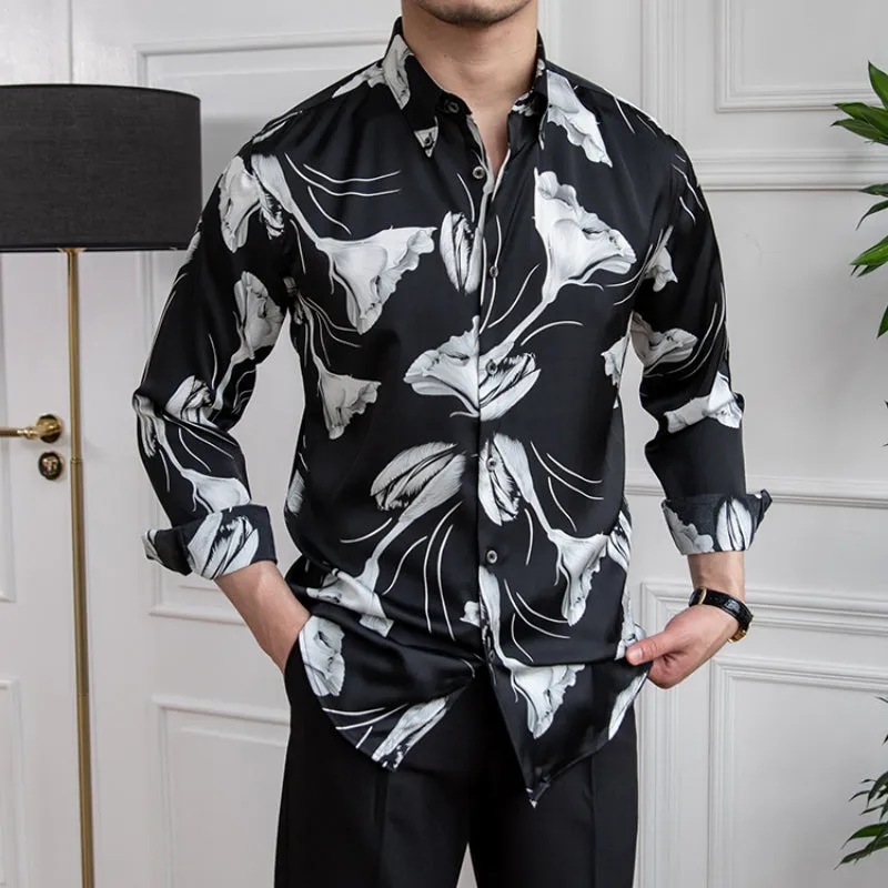 Men's Vintage British Print Lapel Long Sleeve Shirt