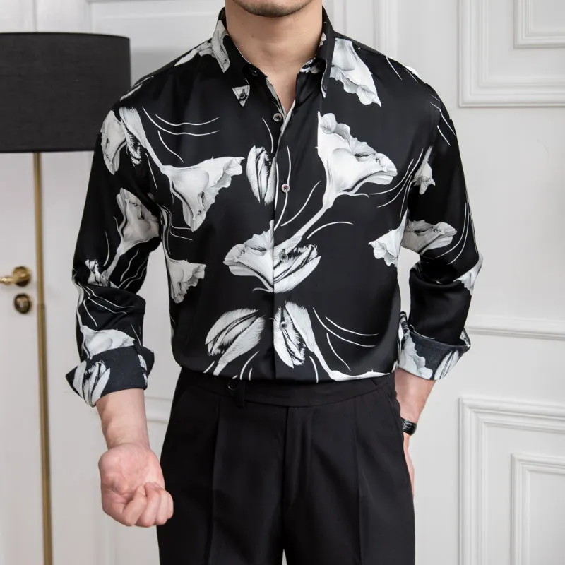 Men's Vintage British Print Lapel Long Sleeve Shirt