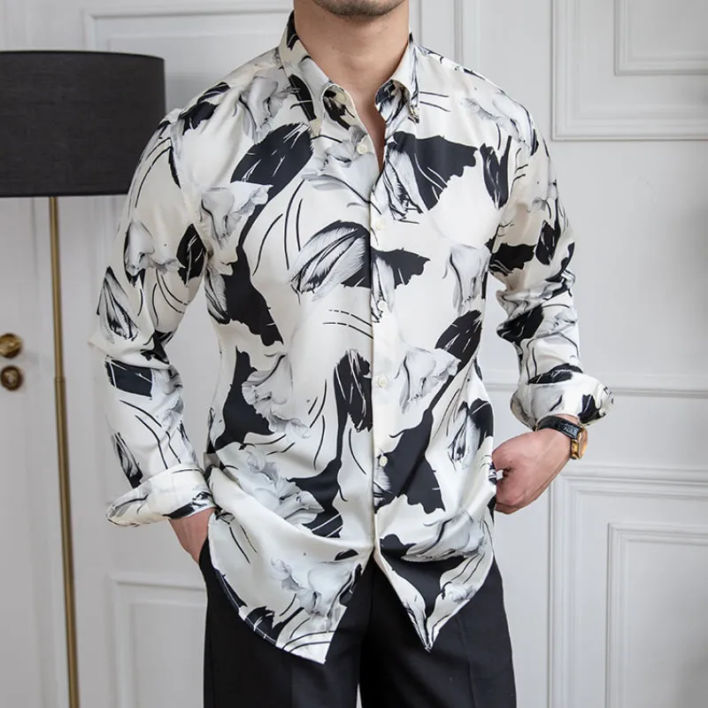 Men's Vintage British Print Lapel Long Sleeve Shirt