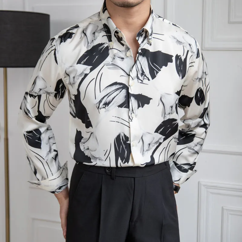 Men's Vintage British Print Lapel Long Sleeve Shirt