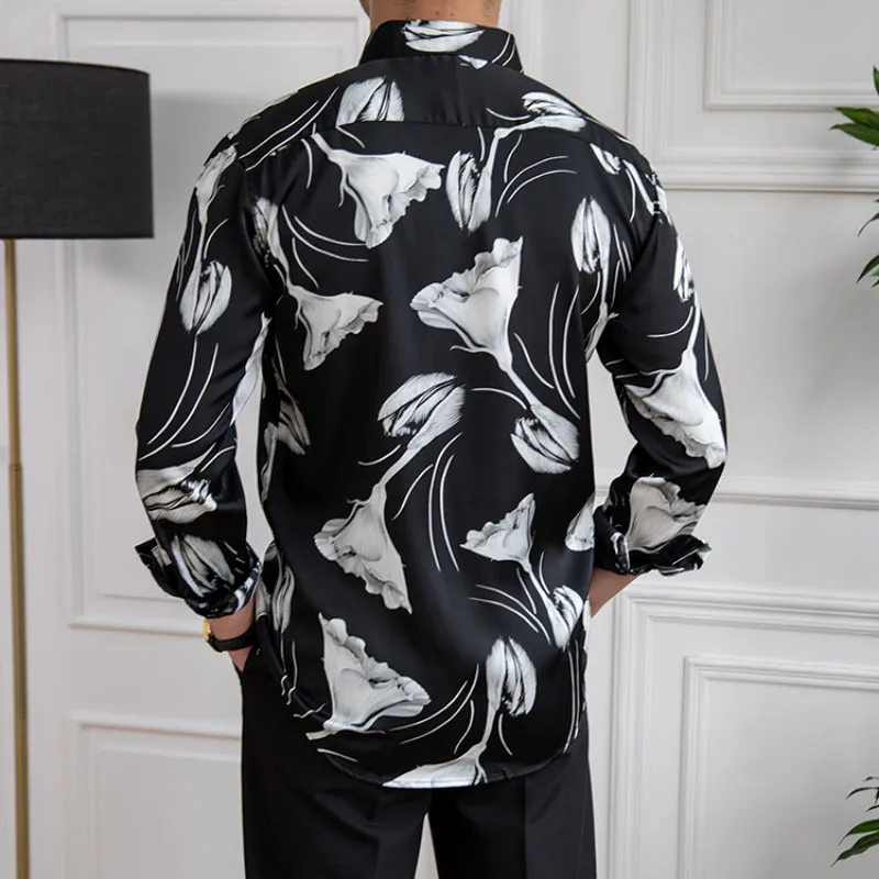 Men's Vintage British Print Lapel Long Sleeve Shirt