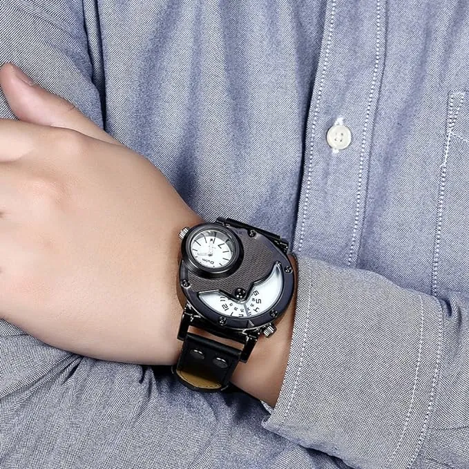 Military Army Design Dual Time Zone Quartz Analog Black Wrist Watch W125963