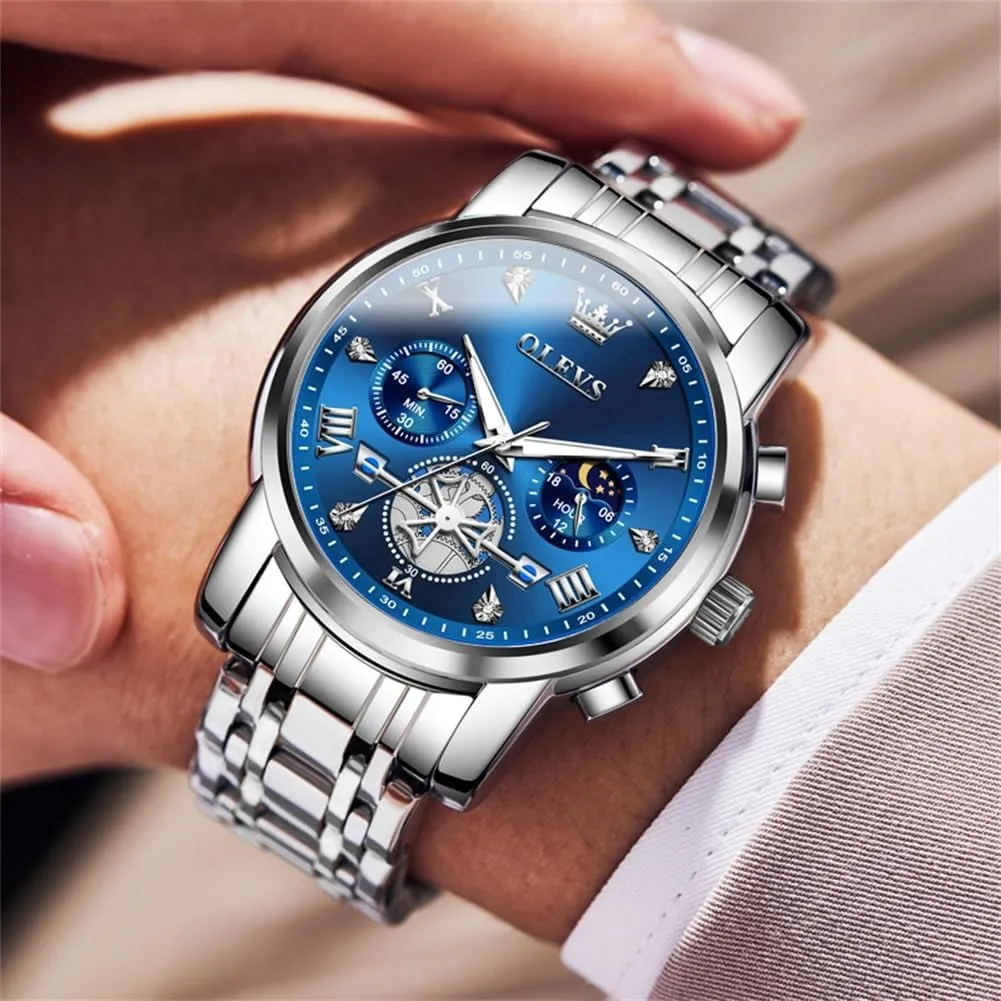 OLEVS Watches for Men Dress Watch Chronograph Luxury Stainless Steel Big Face Men Watches Multi-Function Easy to Read Diamond Roman Numerals Business Wristwatch Reloj para Hombre