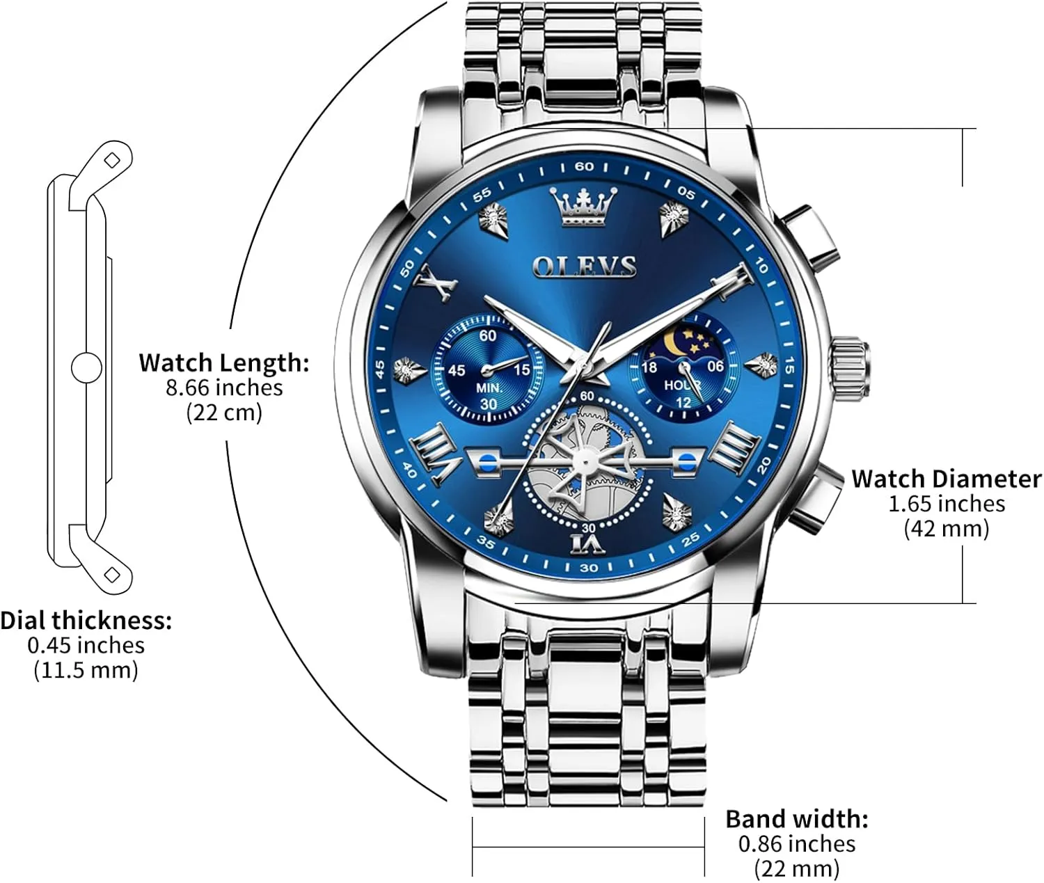 OLEVS Watches for Men Dress Watch Chronograph Luxury Stainless Steel Big Face Men Watches Multi-Function Easy to Read Diamond Roman Numerals Business Wristwatch Reloj para Hombre