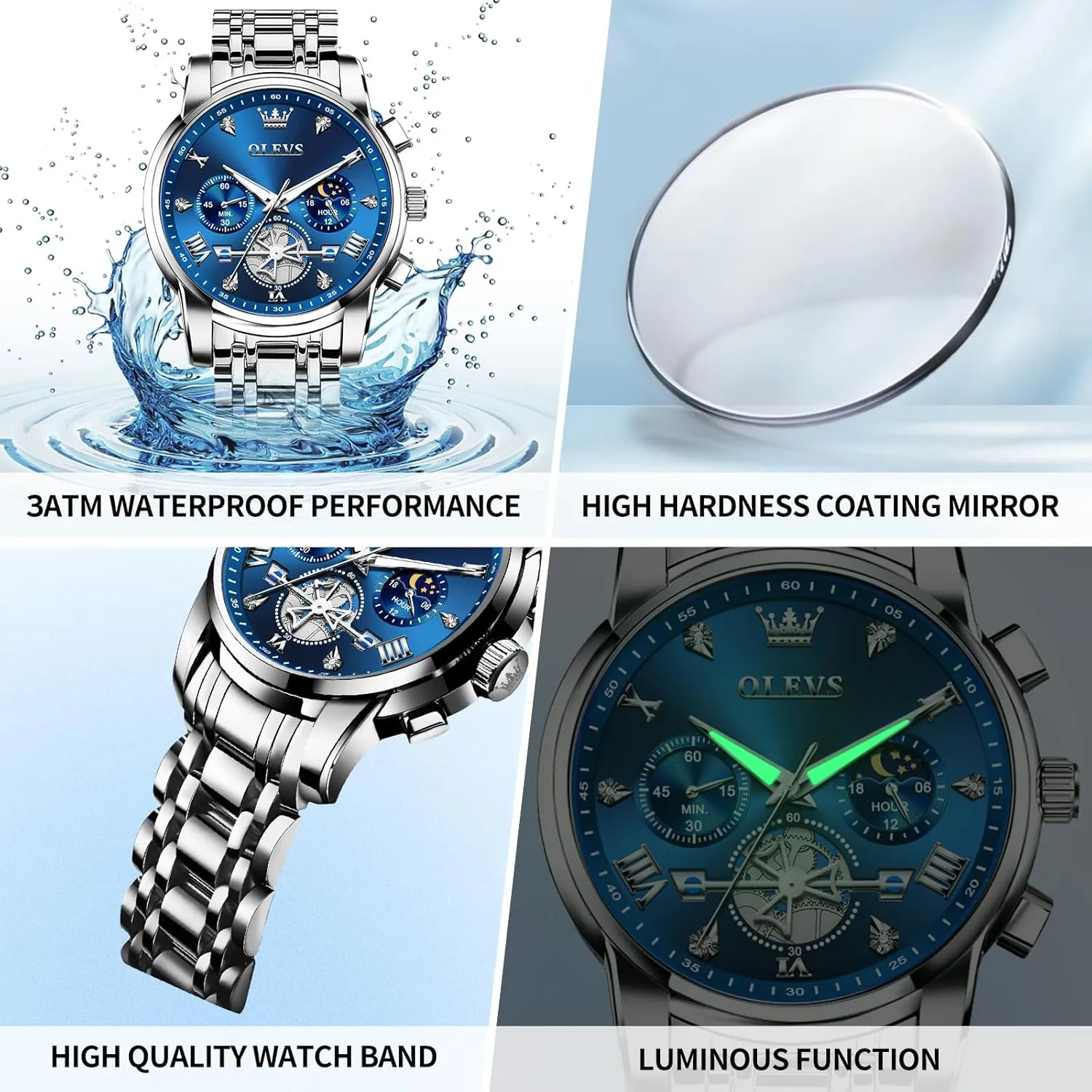 OLEVS Watches for Men Dress Watch Chronograph Luxury Stainless Steel Big Face Men Watches Multi-Function Easy to Read Diamond Roman Numerals Business Wristwatch Reloj para Hombre