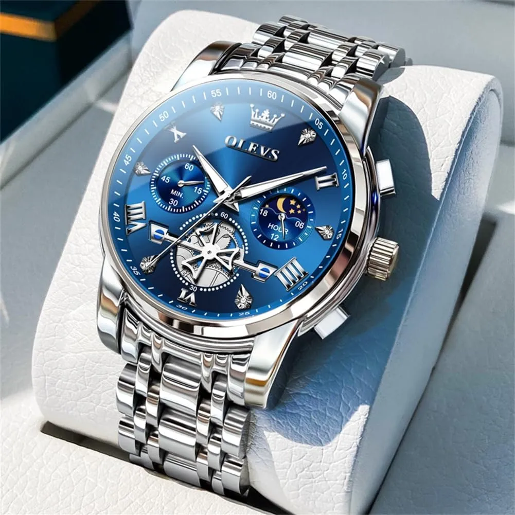 OLEVS Watches for Men Dress Watch Chronograph Luxury Stainless Steel Big Face Men Watches Multi-Function Easy to Read Diamond Roman Numerals Business Wristwatch Reloj para Hombre
