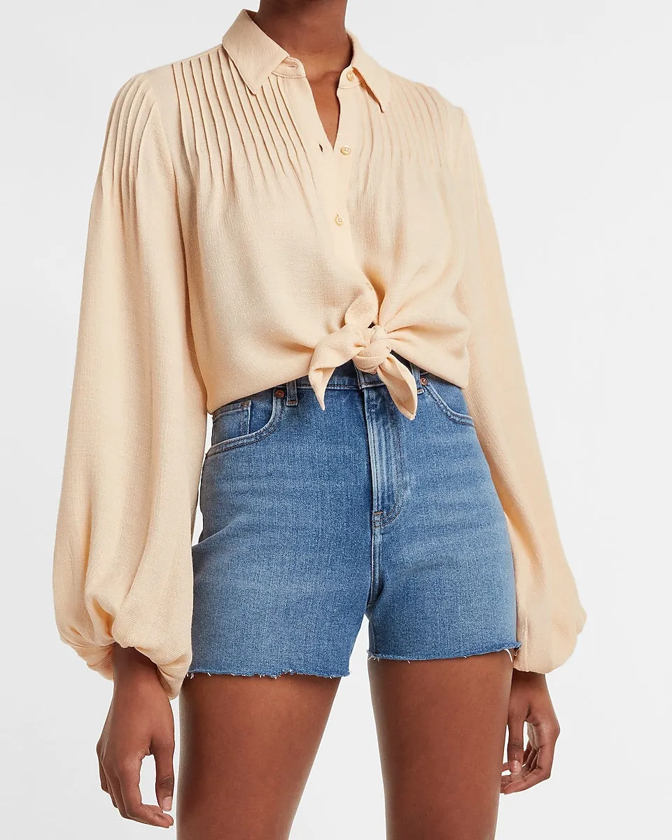 Pintuck Balloon Sleeve Shirt in Tan