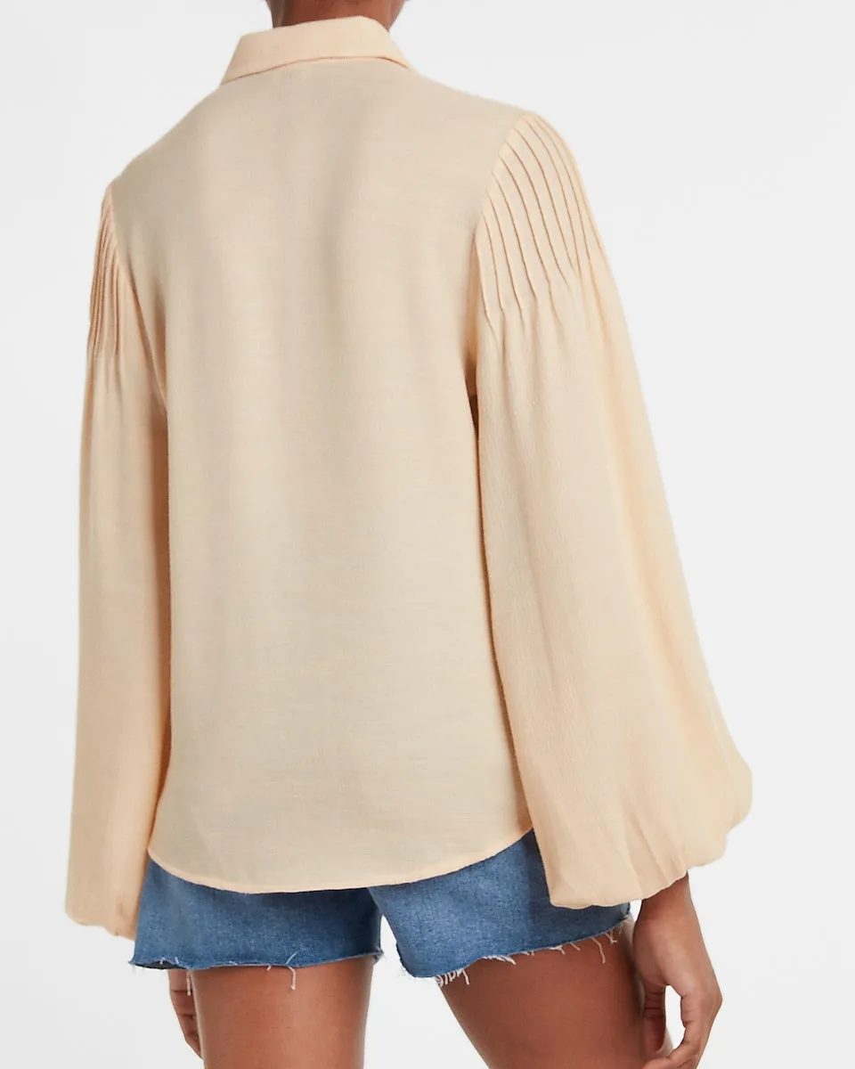 Pintuck Balloon Sleeve Shirt in Tan