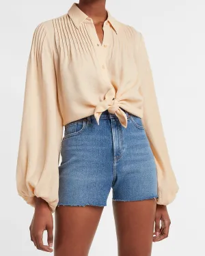 Pintuck Balloon Sleeve Shirt in Tan