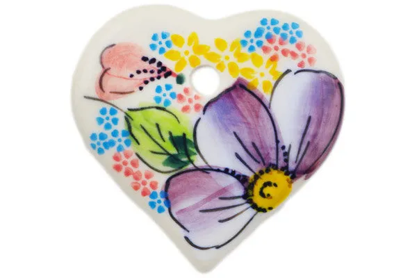 Polish Pottery 3" Heart Pendant Mauve Spring Bouquet UNIKAT