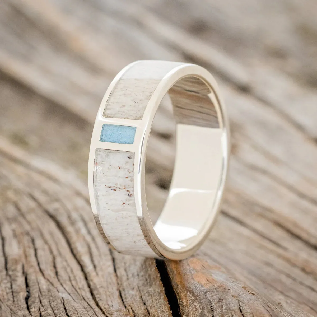 "CASPIAN" - ANTLER & TURQUOISE WEDDING RING - SILVER - SIZE 10 1/4