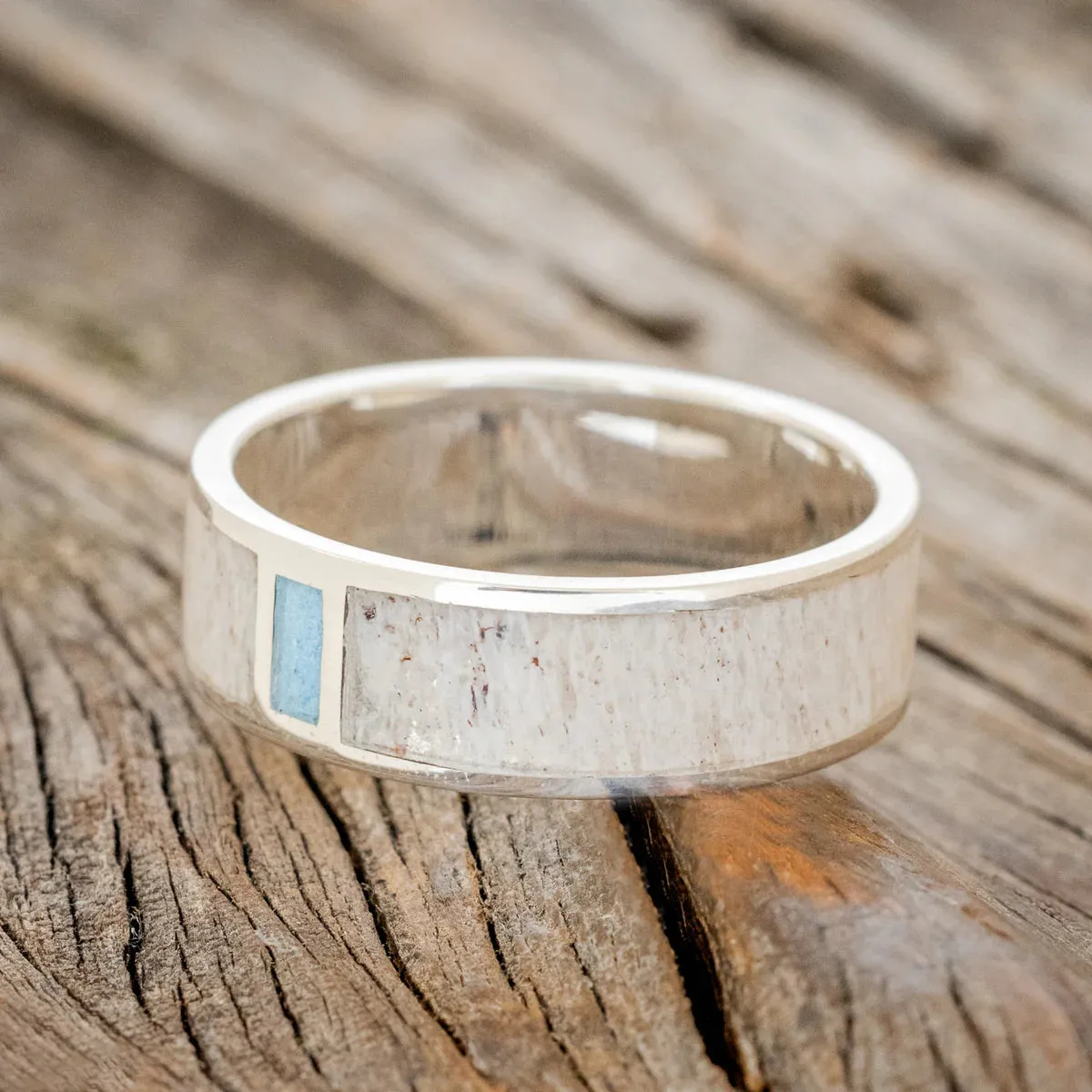 "CASPIAN" - ANTLER & TURQUOISE WEDDING RING - SILVER - SIZE 10 1/4